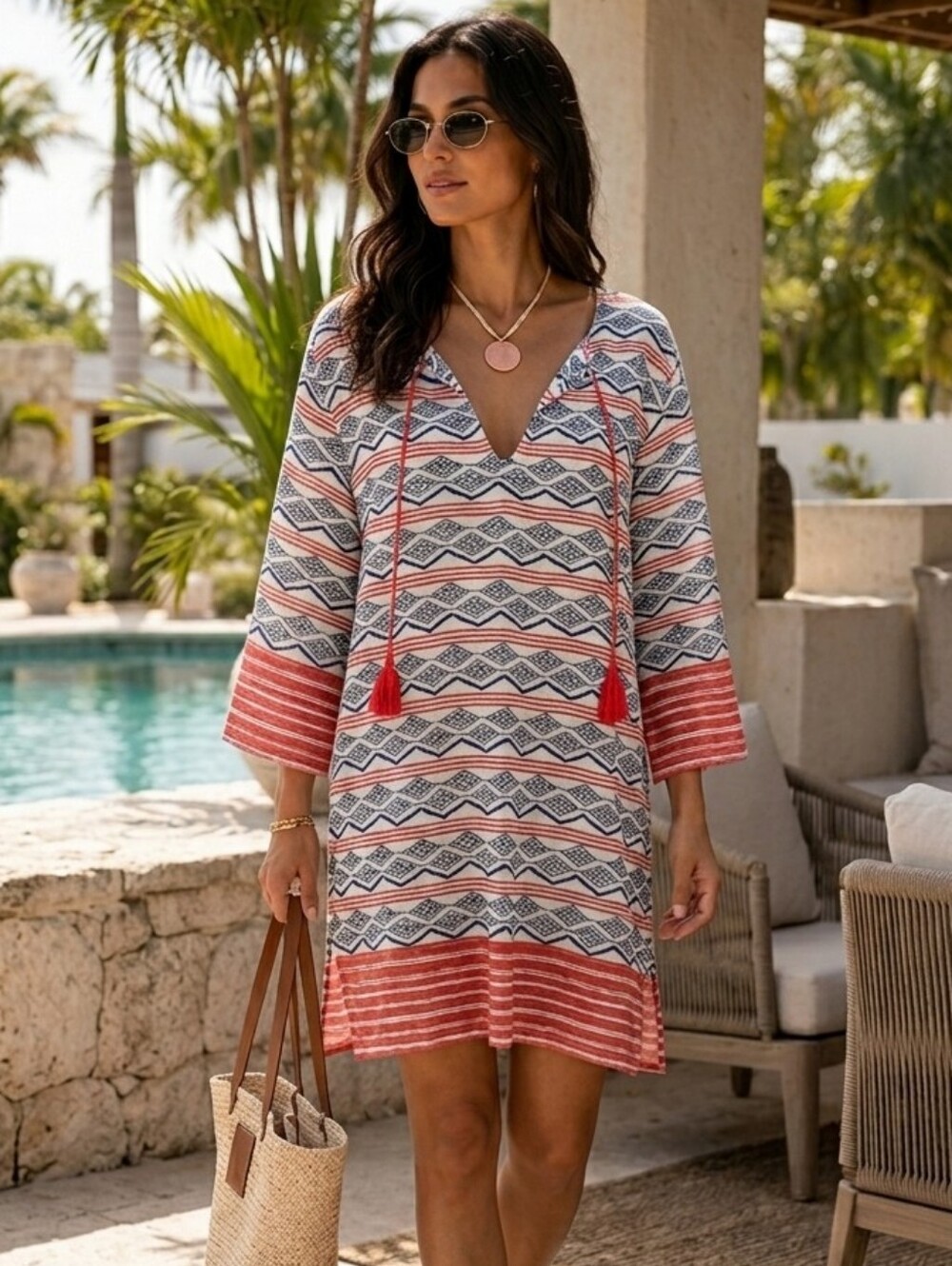 Airy Orvis Cotton Coastal Print Lightweight Tunic Dress Beach Coverup Size L